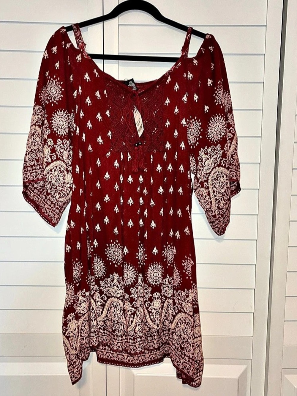 ANGE Flowy Paisley Tunic Dress in Burgundy & White NWT Size L